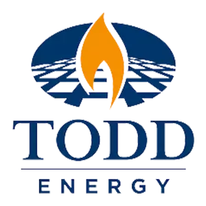 Todd Energy logo with orange flame icon on blue background