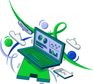 An illustration of a laptop with data on screen and the words low-code beside it.