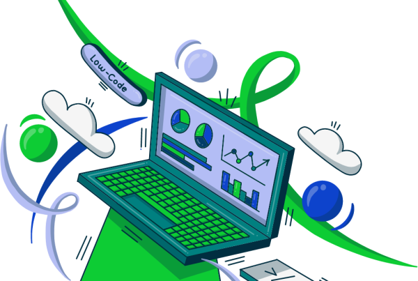 An illustration of a laptop with data on screen and the words low-code beside it.