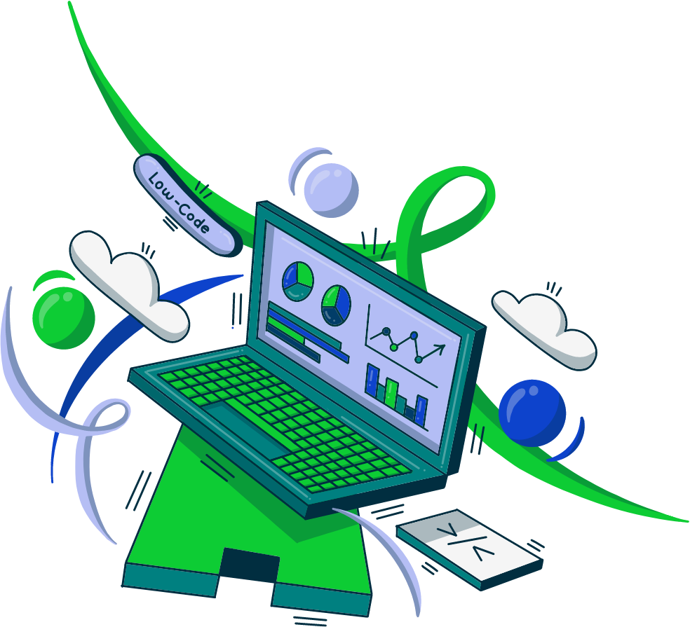 An illustration of a laptop with data on screen and the words low-code beside it.