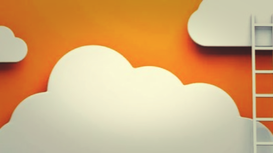 Three clouds in a orange sky with a ladder leading up to one of the clouds.