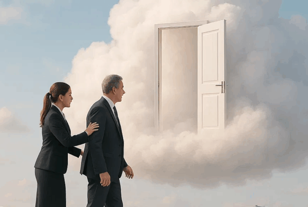 A woman leading an older man towards a door in a cloud.