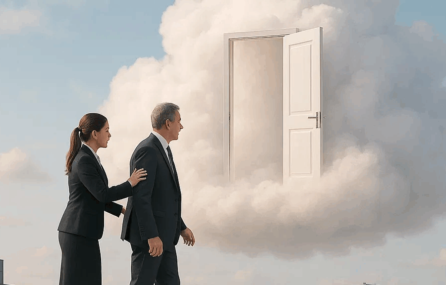 A woman leading an older man towards a door in a cloud.