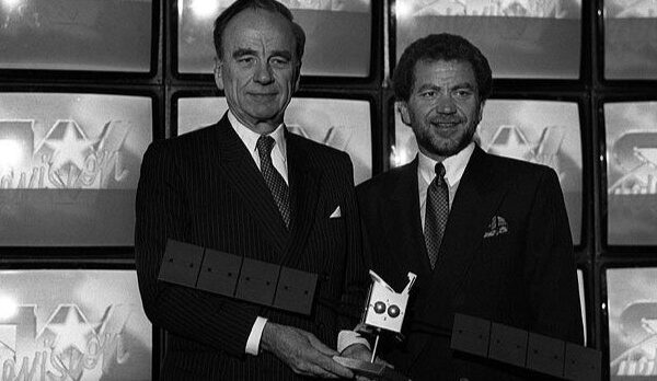 Rupert Murdoch (left) and Alan Sugar (right) at the launch of Sky TV.