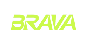 BRAVA logo in neon lime-green bold font on a black background