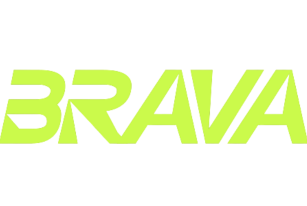 BRAVA logo in neon lime-green bold font on a black background