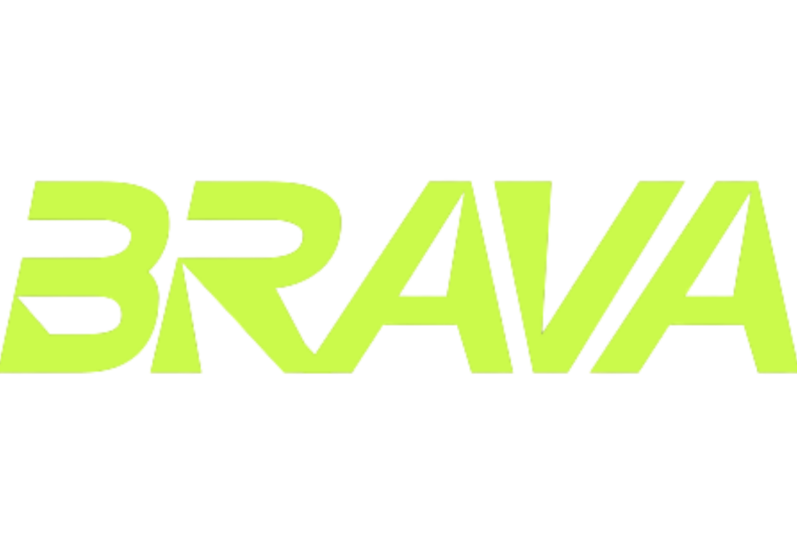 BRAVA logo in neon lime-green bold font on a black background