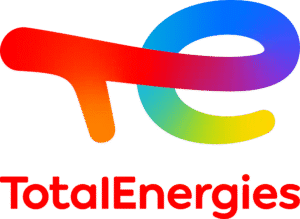 TotalEnergies logo: multicolored curved ribbon with gradient colors and the red 'TotalEnergies' wordmark beneath.
