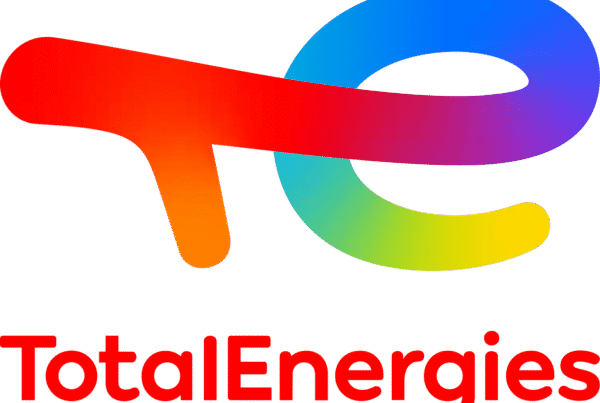 TotalEnergies logo: multicolored curved ribbon with gradient colors and the red 'TotalEnergies' wordmark beneath.