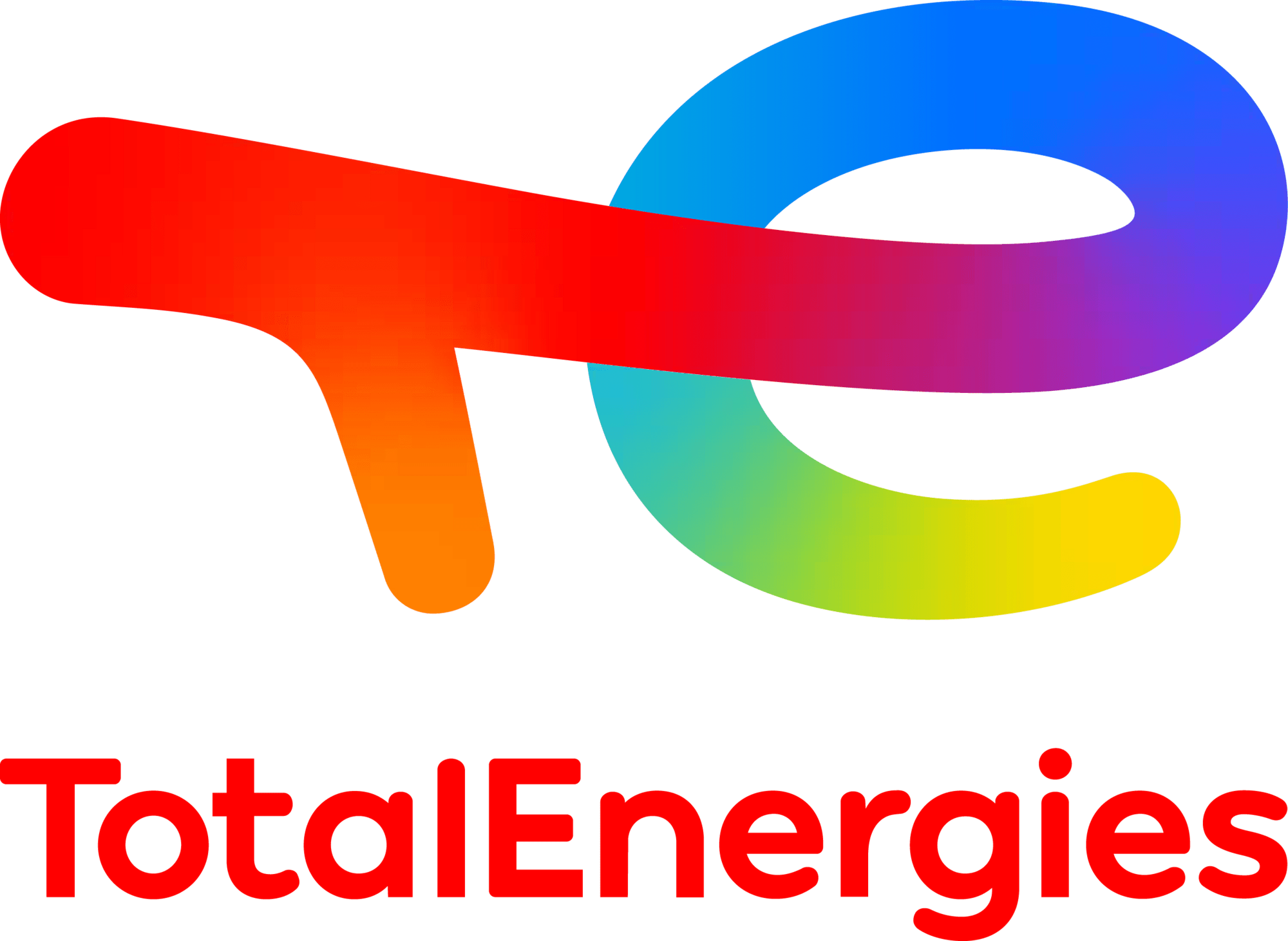 TotalEnergies logo: multicolored curved ribbon with gradient colors and the red 'TotalEnergies' wordmark beneath.